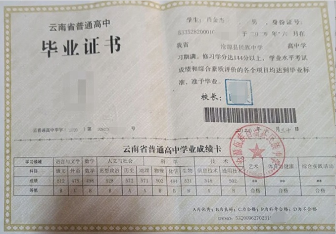 沧源佤族自治县民族中学2020年普通高中毕业证书样本图片
